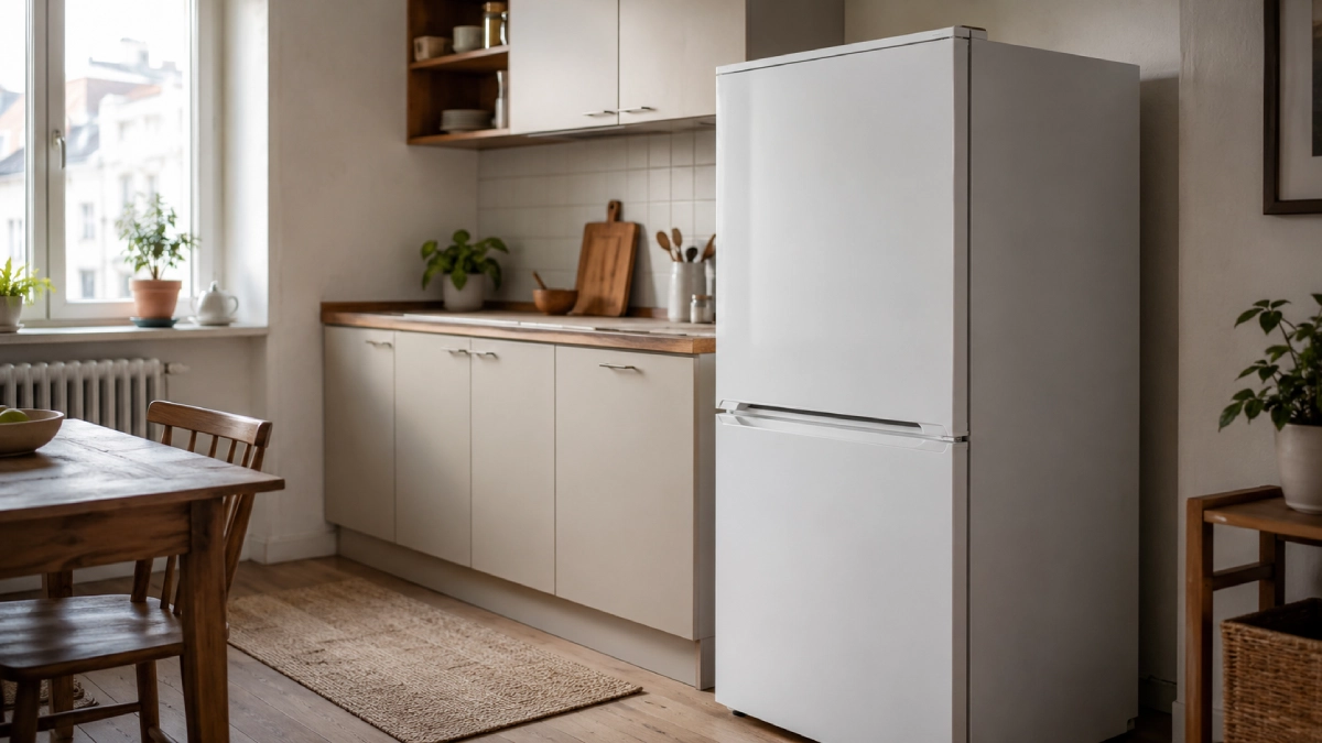Combină frigorifică albă într-o bucătărie de apartament, iluminată natural din lateral