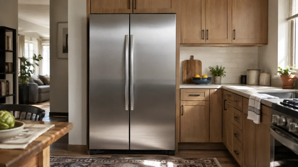 Frigider side by side inox cu ușile închise, într-o bucătărie de apartament, lângă corpurile de mobilier