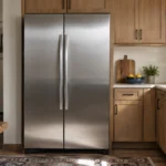 Frigider side by side inox cu ușile închise, într-o bucătărie de apartament, lângă corpurile de mobilier