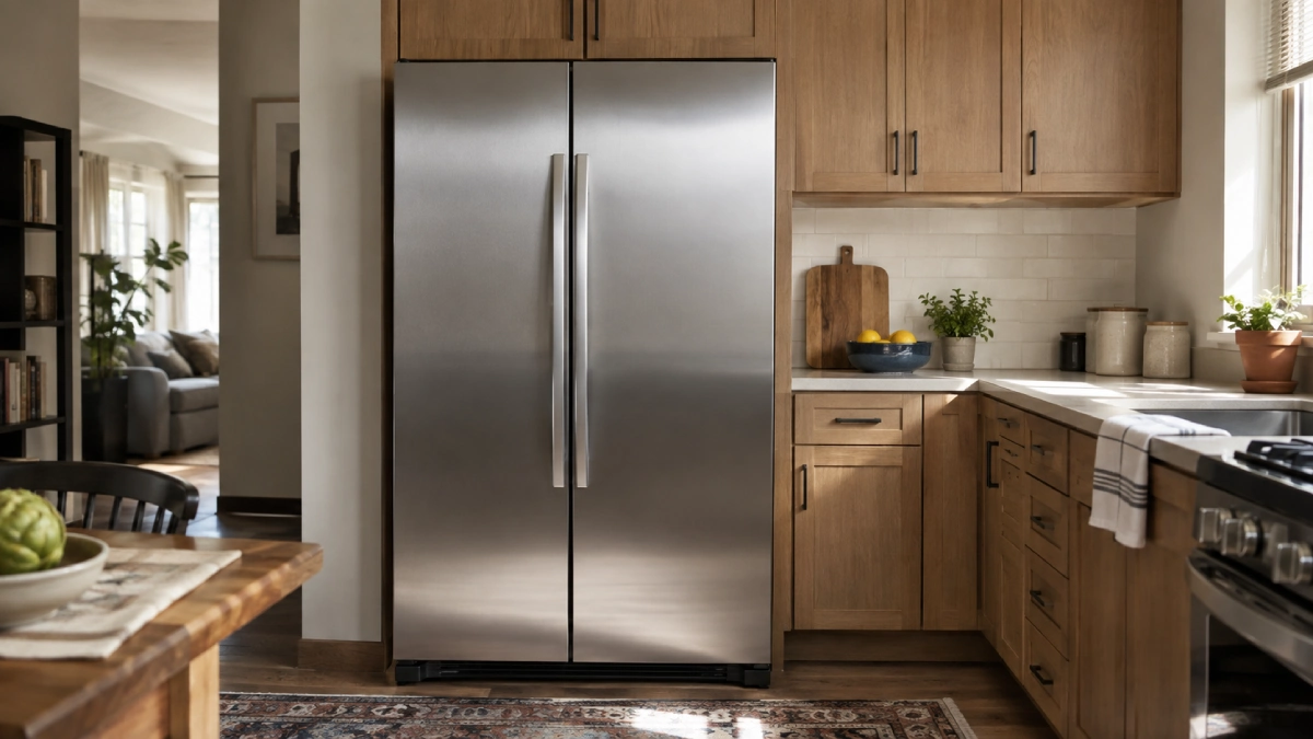 Frigider side by side inox cu ușile închise, într-o bucătărie de apartament, lângă corpurile de mobilier