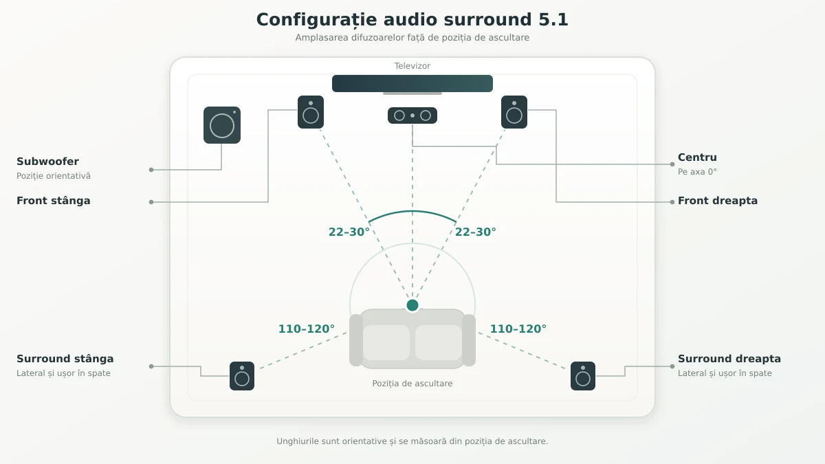 Diagramă surround 5.1 cu difuzor central, boxe frontale la 22–30°, boxe surround la 110–120° și subwoofer.