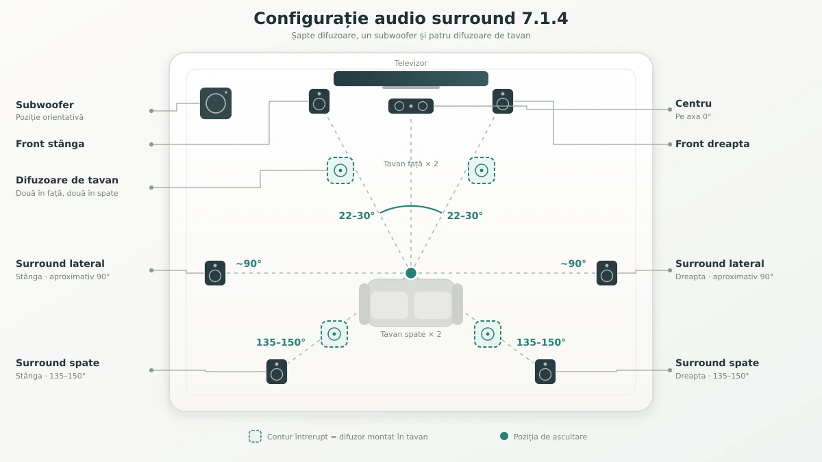 Diagramă surround 7.1.4 cu difuzoare frontale, centrale, laterale și posterioare, subwoofer și patru boxe de tavan.