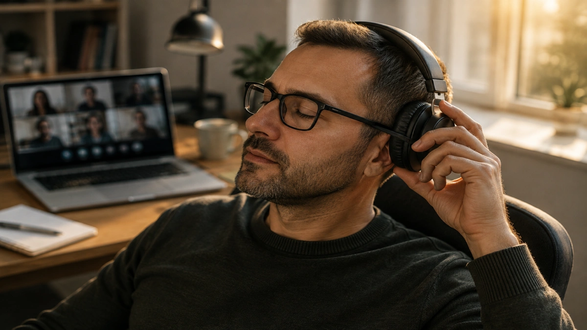 Persoană cu ochelari purtând căști over-ear la birou, după câteva ore de lucru