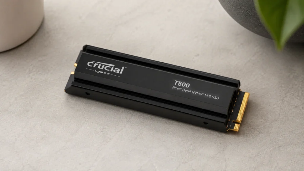 SSD Crucial T500 1TB cu radiator, așezat pe o masă