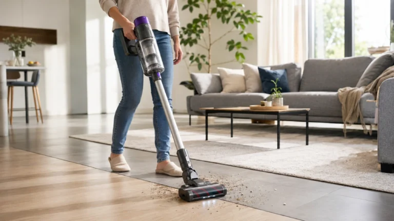 Persoană care folosește un aspirator vertical fără fir într-un living modern