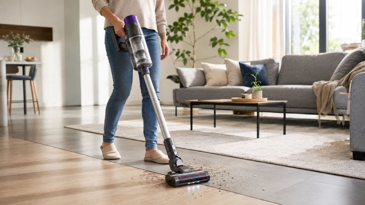 Persoană care folosește un aspirator vertical fără fir într-un living modern