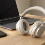 Căști wireless over-ear așezate pe un birou luminos, lângă un laptop deschis și un telefon