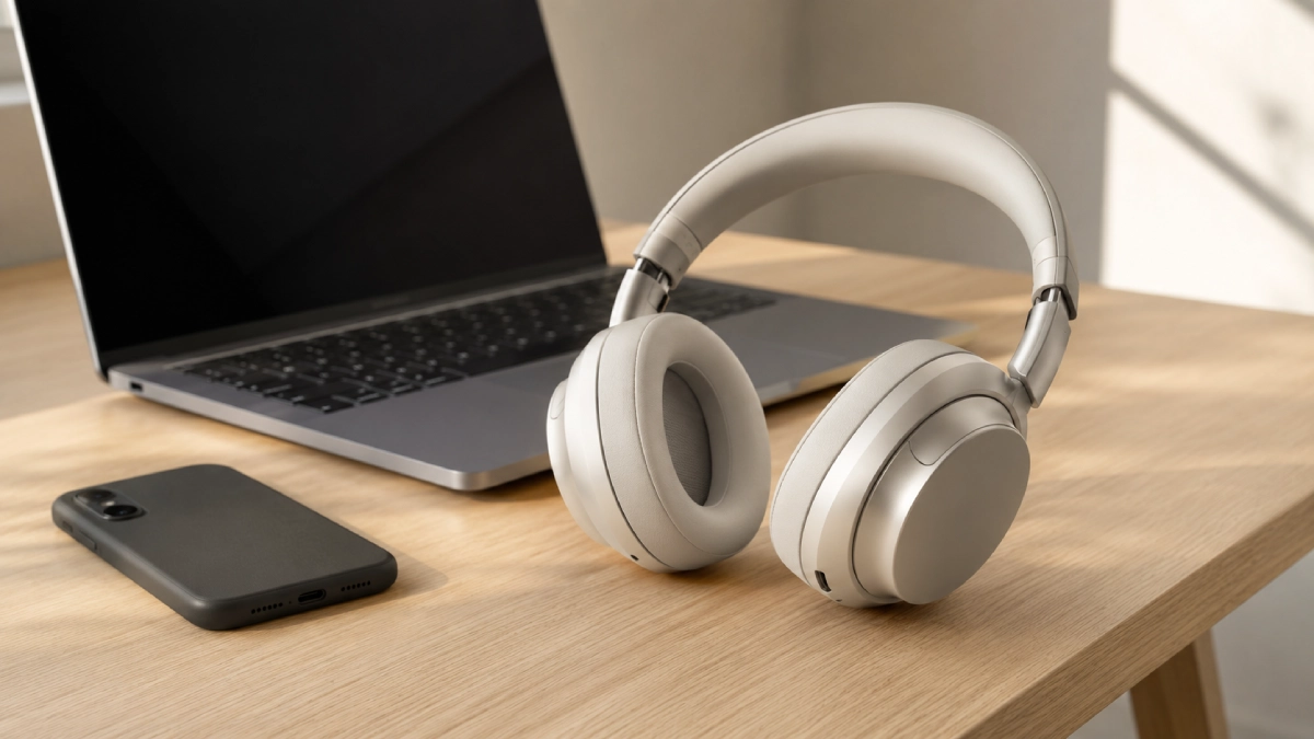 Căști wireless over-ear așezate pe un birou luminos, lângă un laptop deschis și un telefon