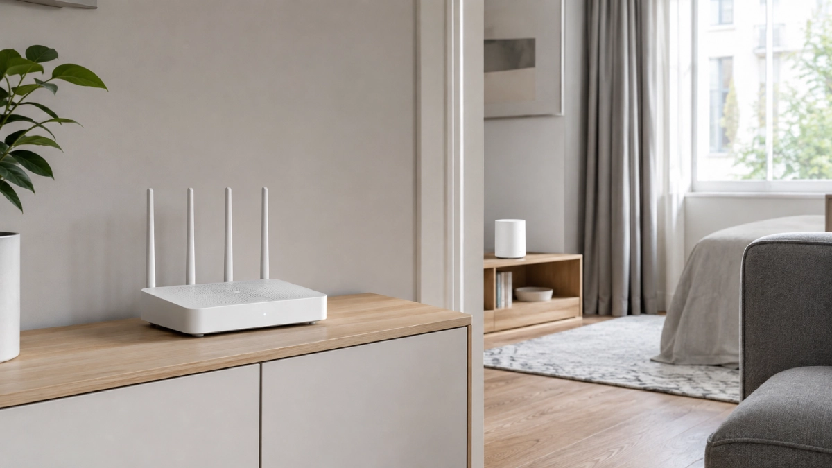 Router Wi-Fi într-o cameră și o a doua unitate mesh în camera alăturată