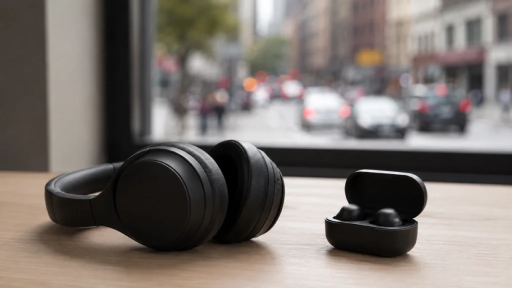 Căști over-ear și căști true wireless așezate alături pe o suprafață simplă, într-un context care sugerează izolarea de zgomotul din jur