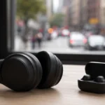 Căști over-ear și căști true wireless așezate alături pe o suprafață simplă, într-un context care sugerează izolarea de zgomotul din jur