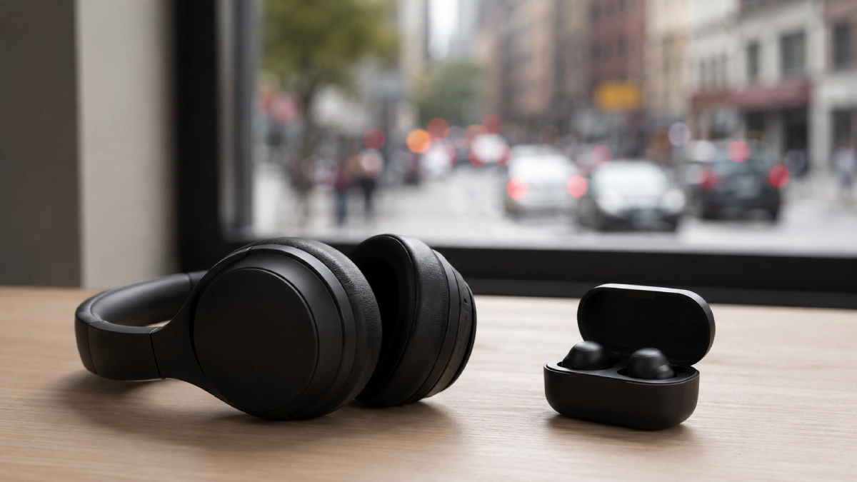Căști over-ear și căști true wireless așezate alături pe o suprafață simplă, într-un context care sugerează izolarea de zgomotul din jur
