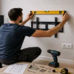Montarea unui suport TV de perete într-un living, cu verificarea alinierii folosind o nivelă