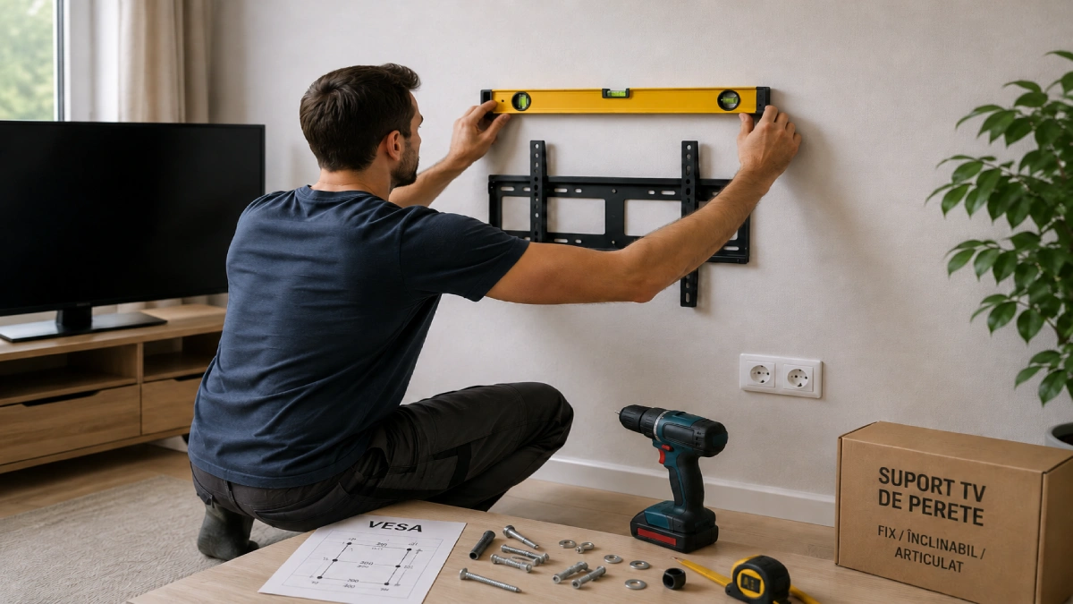 Montarea unui suport TV de perete într-un living, cu verificarea alinierii folosind o nivelă