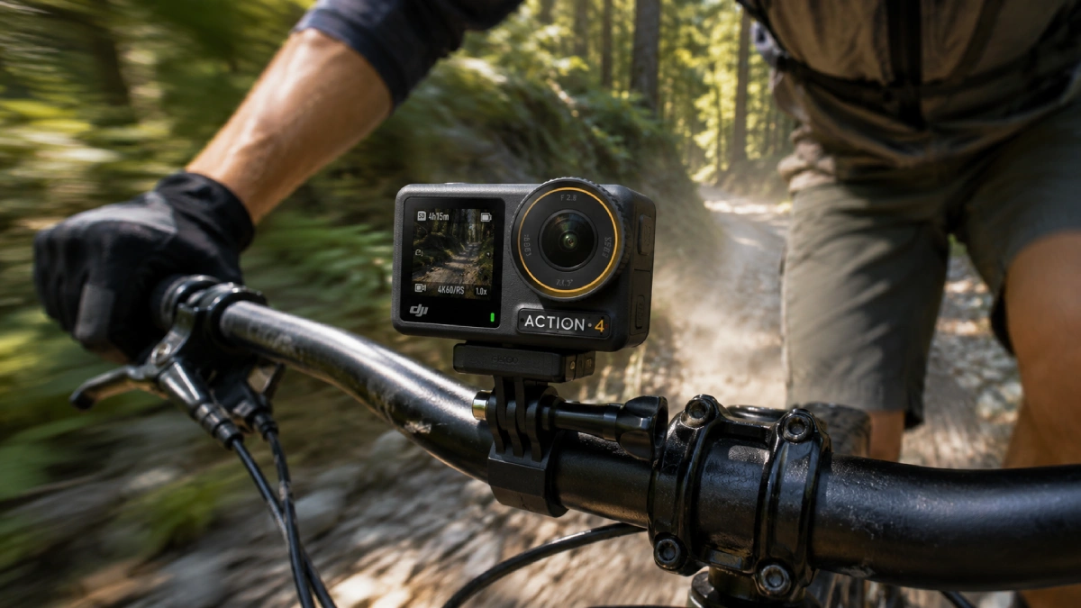 Cameră DJI Osmo Action 4 montată pe ghidonul unei biciclete pe un traseu de pădure cu pietriș