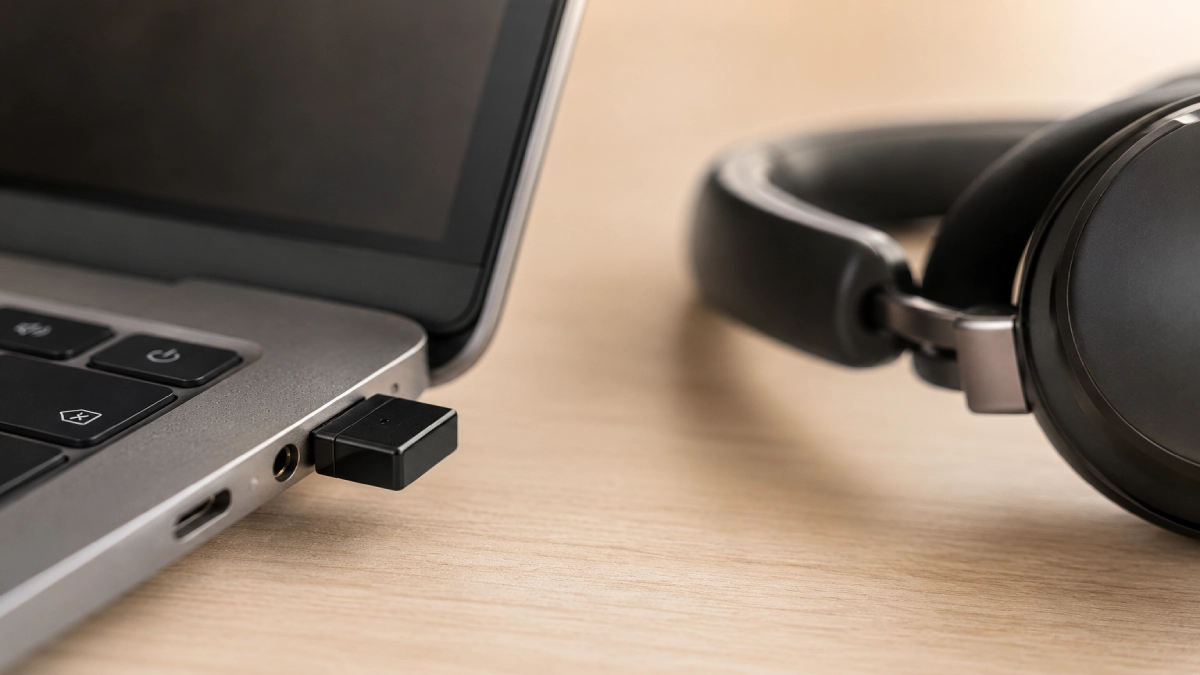 Adaptor USB mic conectat în portul unui laptop, lângă o pereche de căști wireless