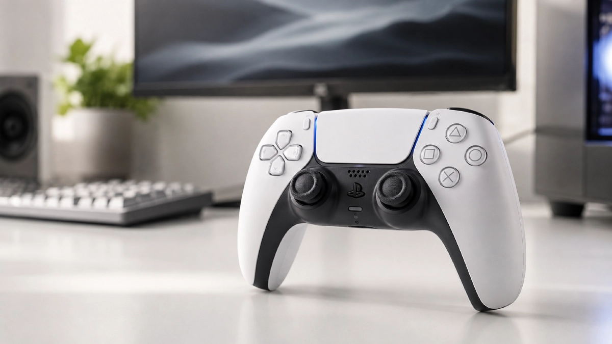 Controller Wireless PlayStation 5 DualSense V2 alb pe un birou luminos, cu monitor estompat în fundal