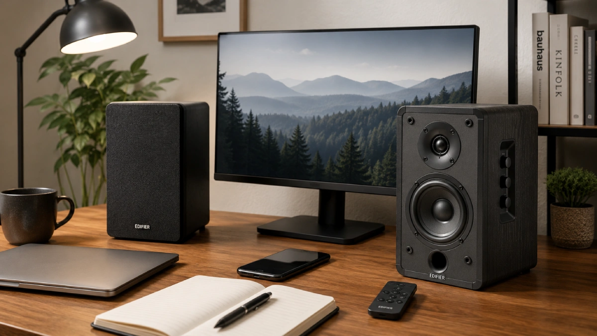 Boxe Edifier R1280DB Black amplasate pe un birou, lângă monitor