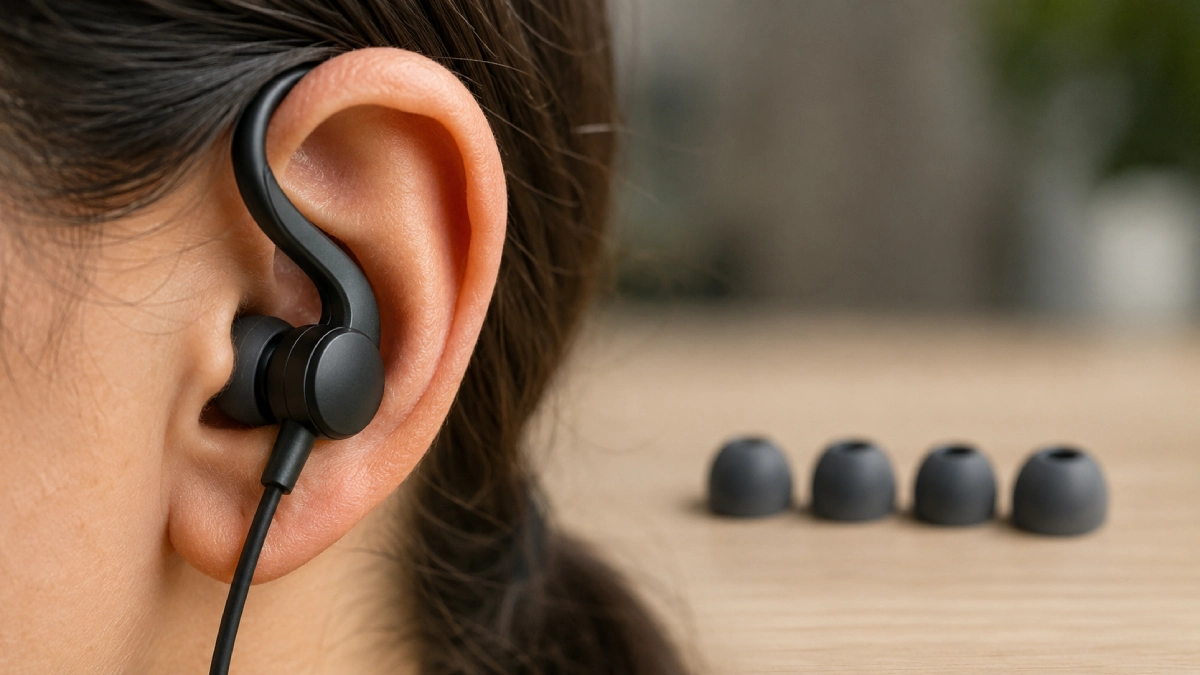 Prim-plan cu o cască in-ear cu cârlig fixată pe ureche și adaptoare de silicon de diferite mărimi în fundal