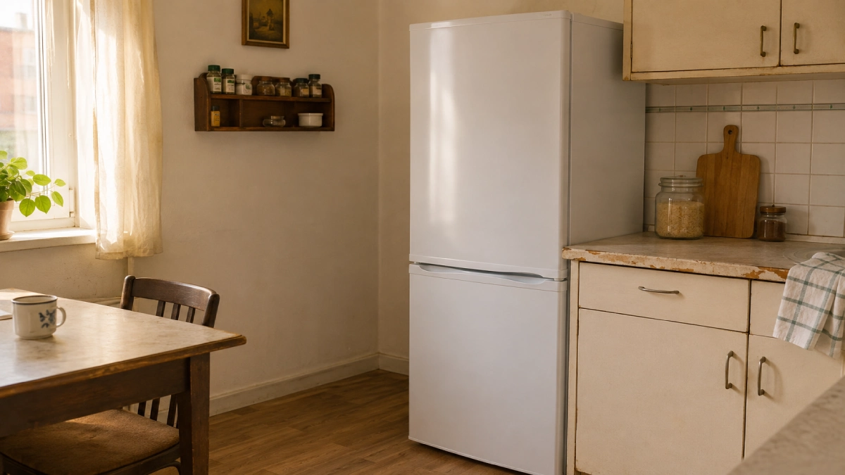 Frigider alb simplu într-o bucătărie modestă, lângă un corp de mobilier