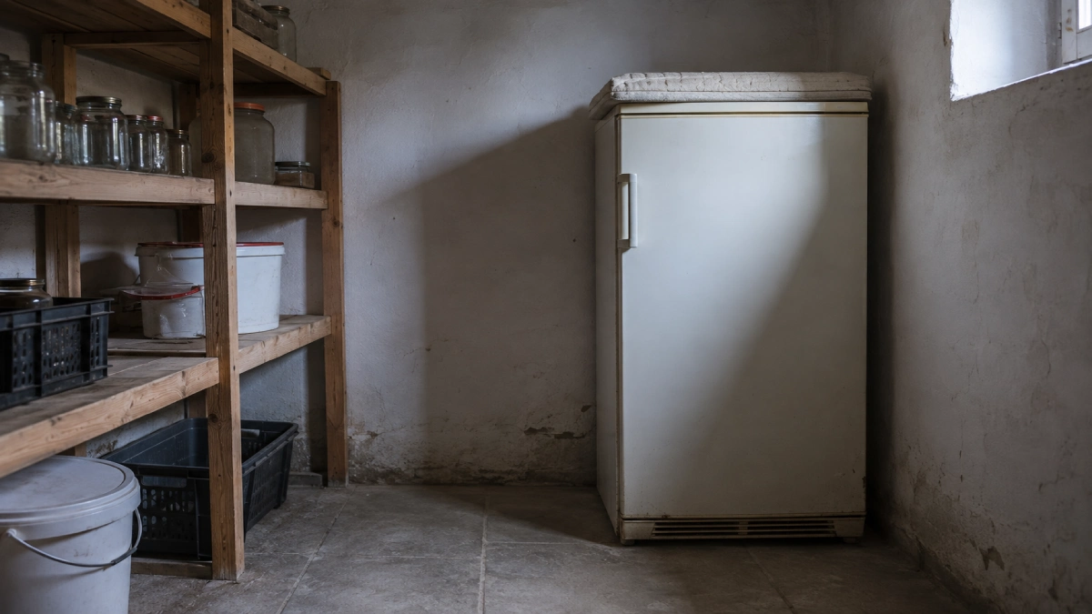 Frigider de sine stătător într-o cămară neîncălzită, lângă rafturi de depozitare