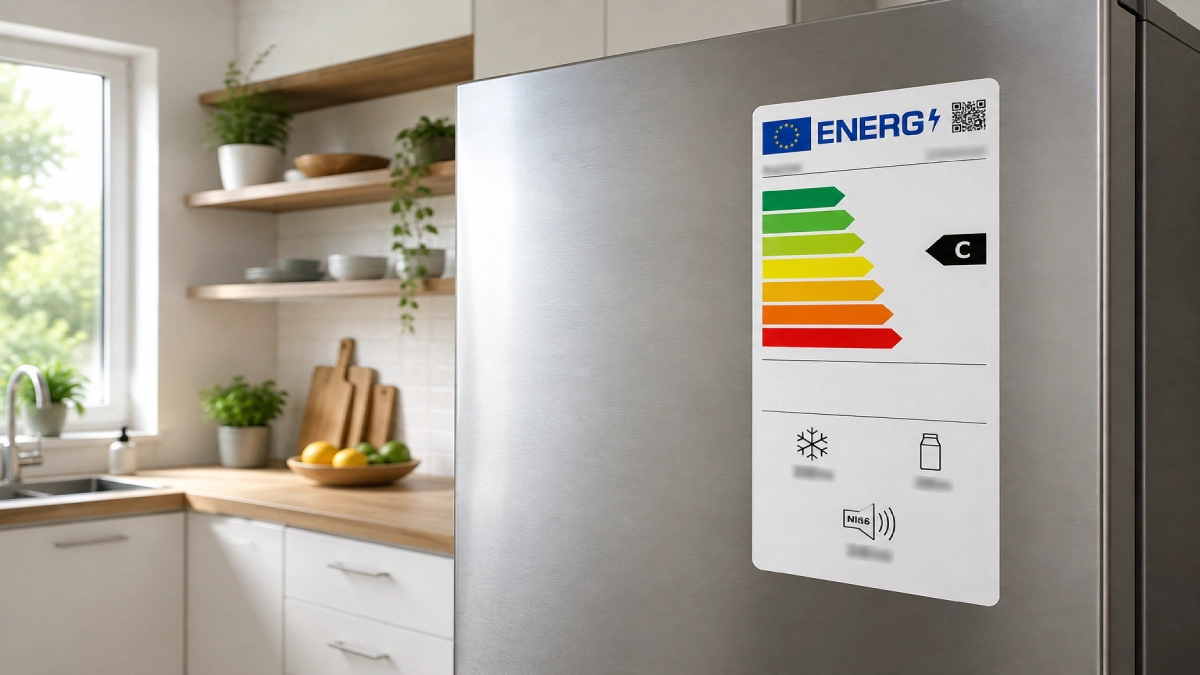 Eticheta energetică europeană lipită pe ușa unui frigider nou, într-o bucătărie