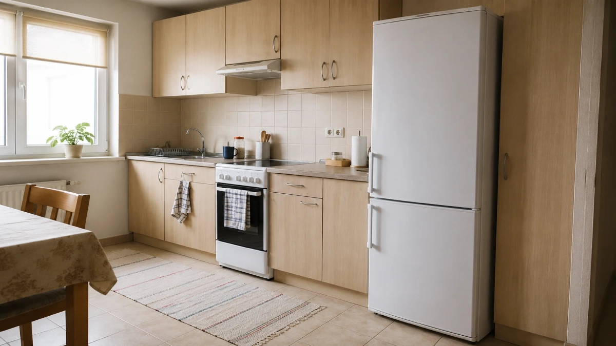 Combină frigorifică albă de dimensiuni obișnuite într-o bucătărie de apartament locuită