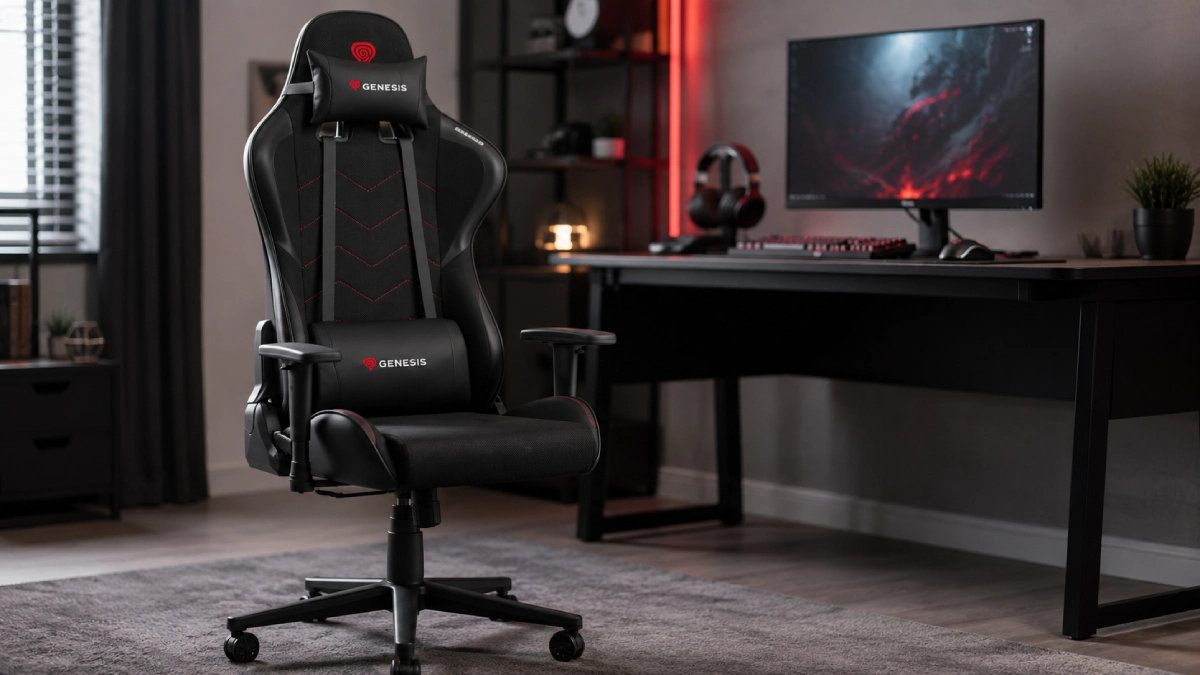 Scaun gaming Genesis Nitro 550 G2 negru cu roșu într-un birou modern