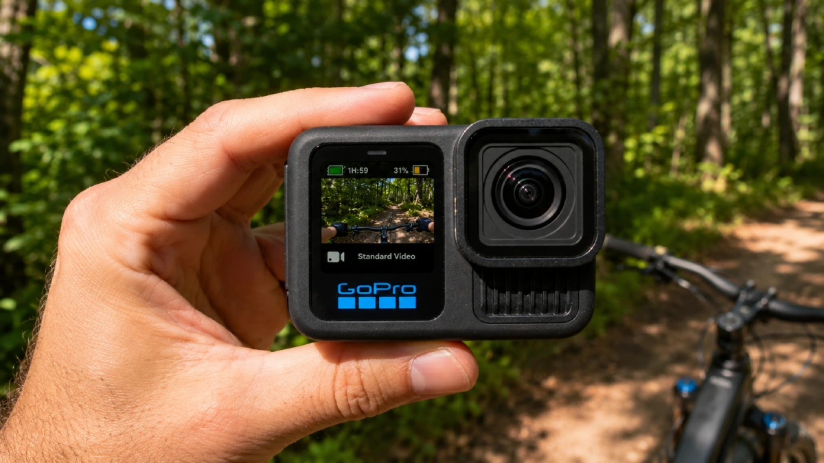 Cameră GoPro HERO13 Black ținută în mână pe un traseu de pădure, cu bicicleta în plan secund