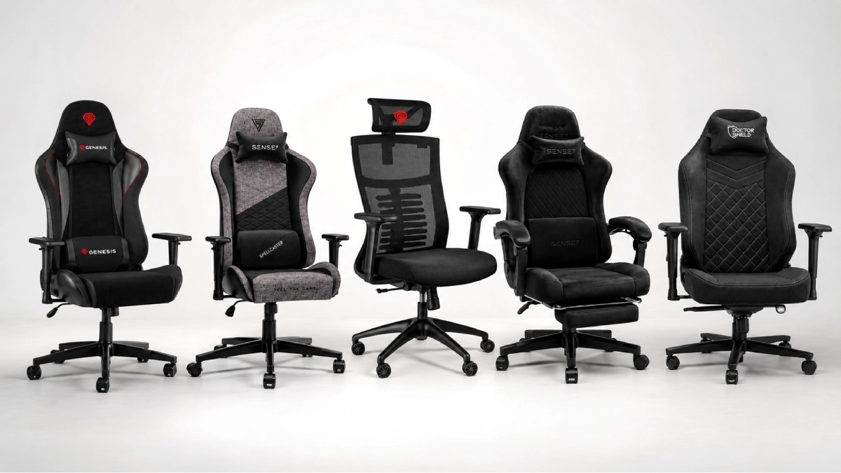 Cinci scaune gaming ieftine, prezentate pe fundal neutru, într-o imagine comparativă pentru articolul despre cele mai bune modele