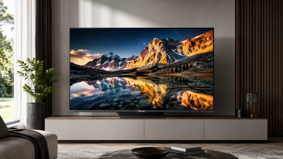 Televizor Hisense 65U8NQ Mini LED de 165 cm într-un living luminos