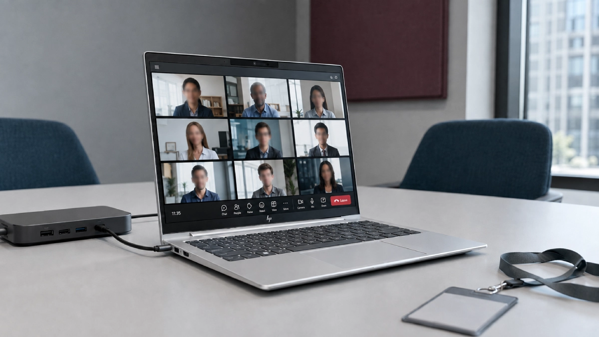 HP EliteBook 8 G1i pe o masă de ședințe, cu o videoconferință deschisă pe ecran