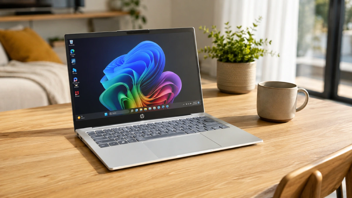 Laptop HP OmniBook 5 NG AI Glacier Silver pe o masă din lemn, într-un living luminos