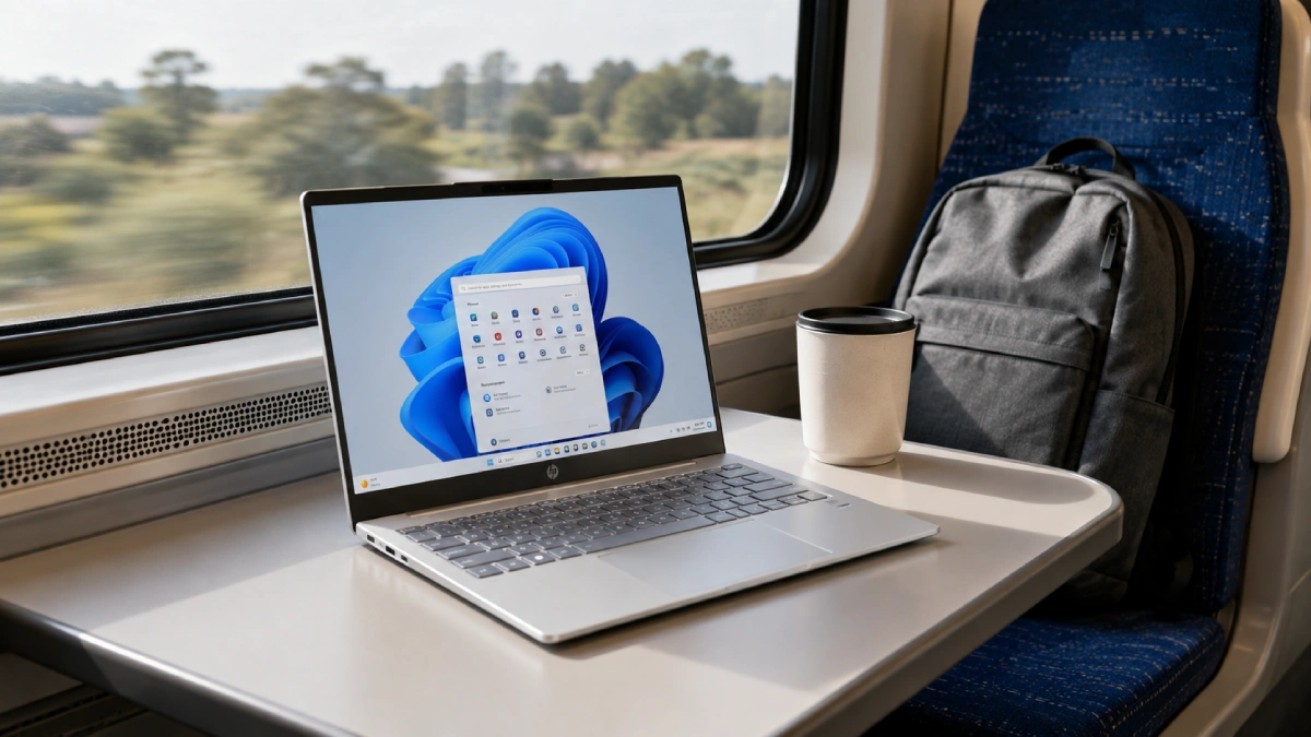 Laptop HP OmniBook 7 Aero 13-bg1009nn Glacier Silver pe o masă de tren, lângă fereastră