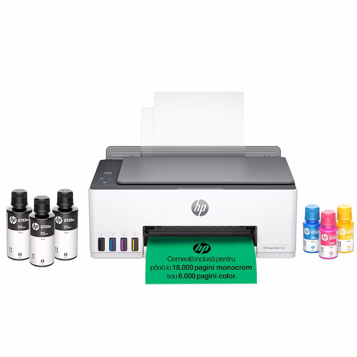 Multifuncțională HP Smart Tank 580 inkjet color cu sistem CISS, scanner flatbed și conectivitate wireless