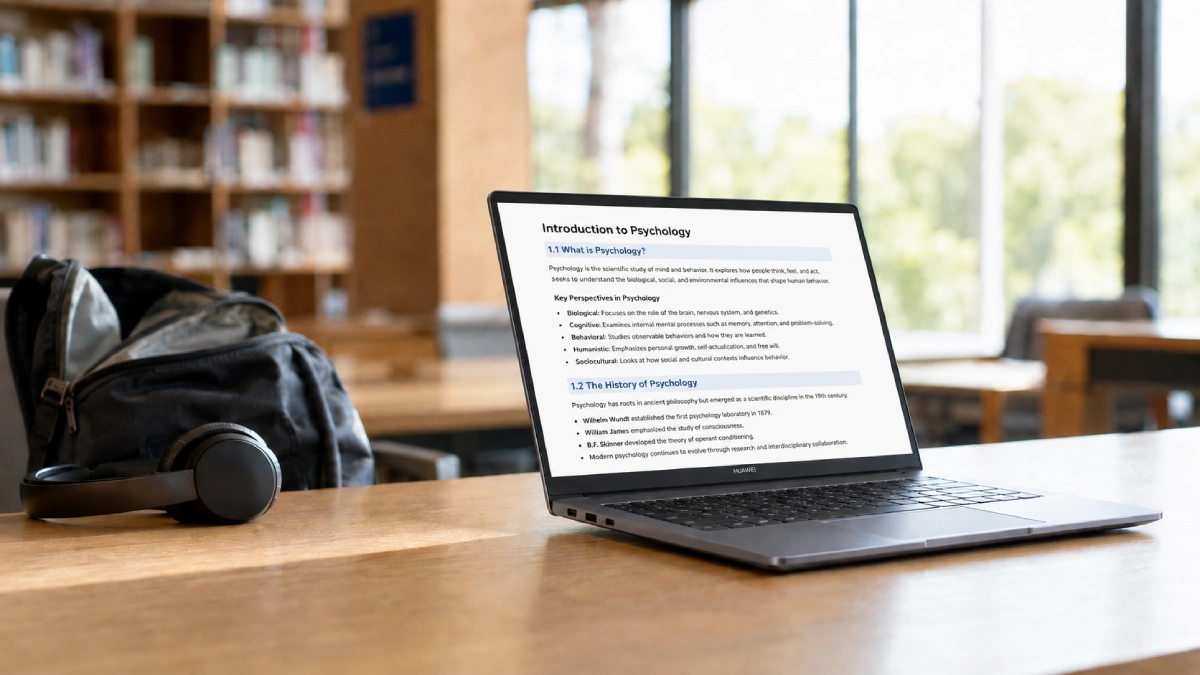 Huawei MateBook D 14 deschis pe o masă de studiu într-o bibliotecă, cu notițe de curs afișate clar pe ecran