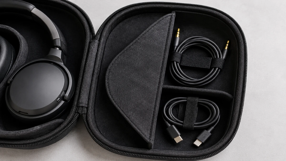 Husă rigidă deschisă pentru căști, cu un cablu audio și un cablu USB-C așezate în compartimentul interior