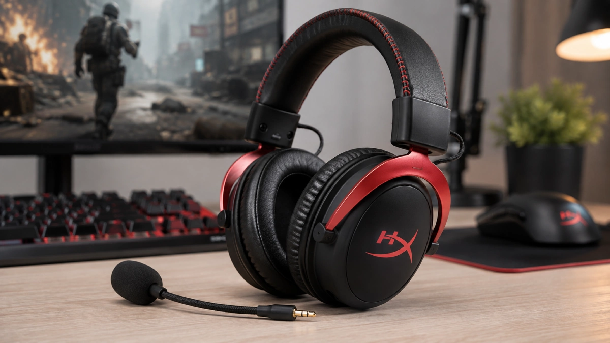 Căști gaming HyperX Cloud III negru și roșu, prezentate într-un setup de gaming pe birou