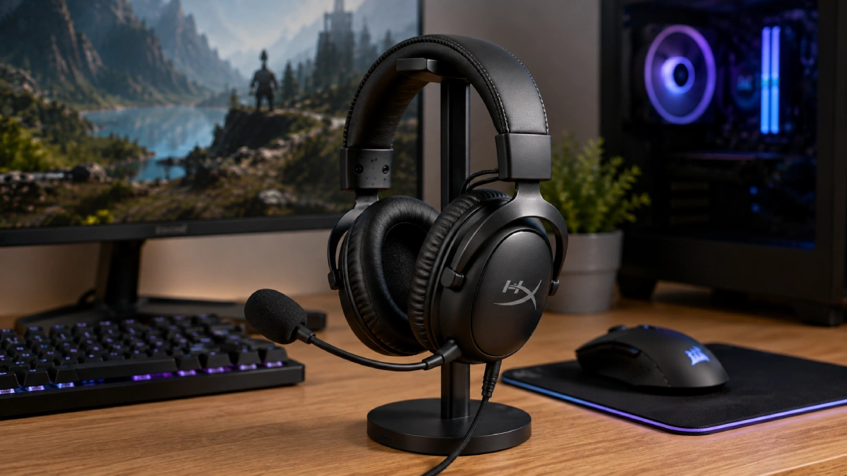 Căști gaming HyperX Cloud III negre cu microfon detașabil într-un setup de gaming pe PC