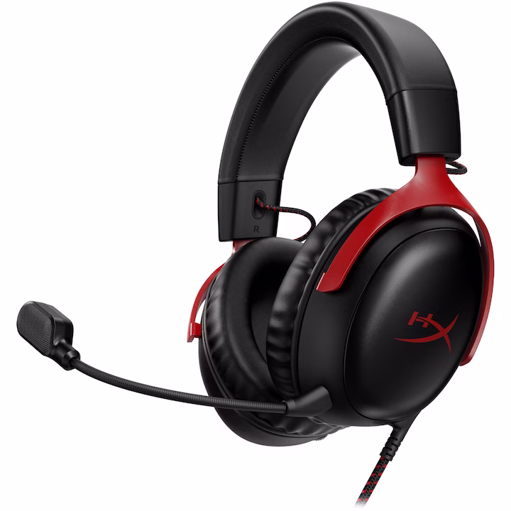 Căști gaming HyperX Cloud III negru și roșu, cu microfon detașabil