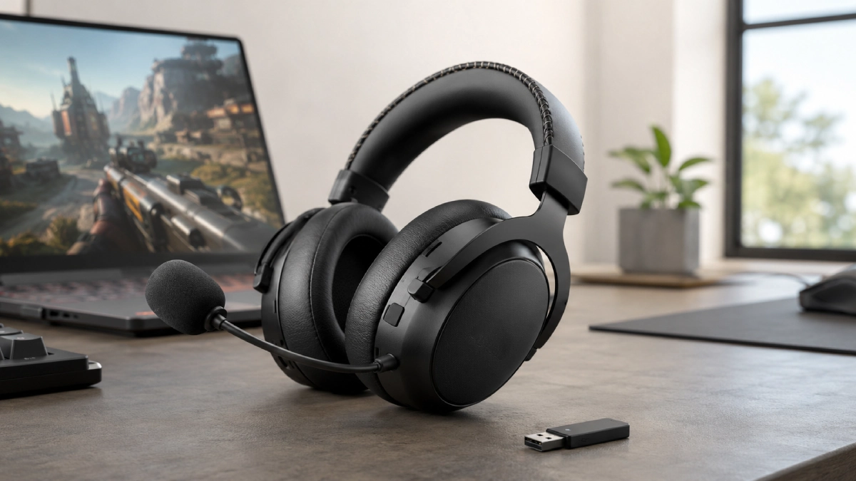 Căști gaming HyperX Cloud III S Wireless negre într-un setup modern fără cabluri