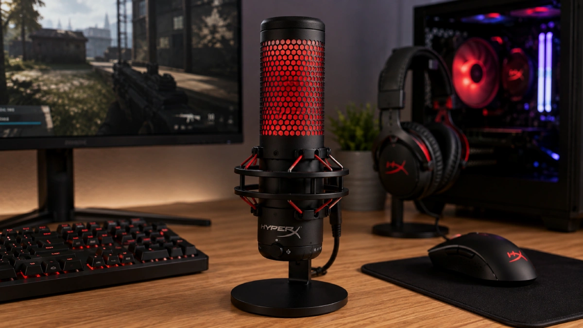 Microfon HyperX QuadCast 2 cu iluminare roșie într-un setup de gaming și streaming pe PC