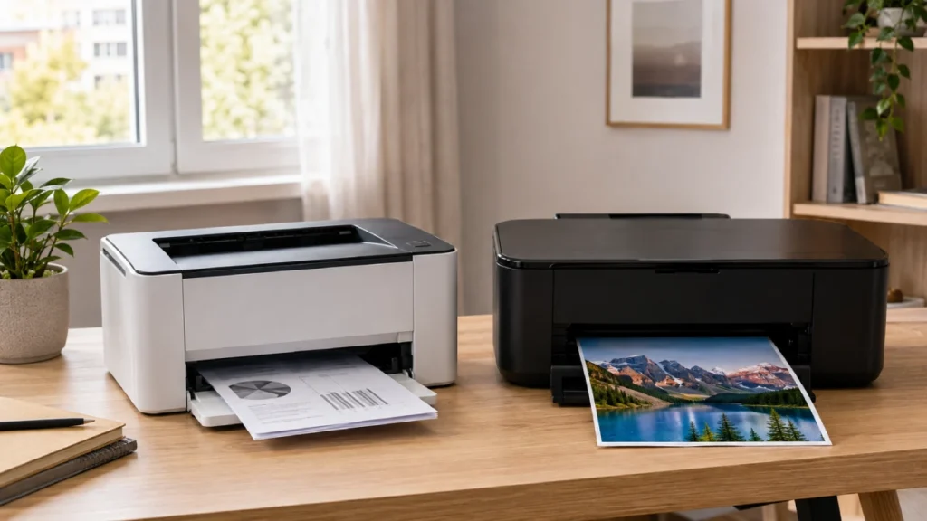 Imprimantă laser albă și imprimantă inkjet neagră, așezate pe un birou, imprimând un document alb-negru și o fotografie color.