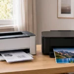 Imprimantă laser albă și imprimantă inkjet neagră, așezate pe un birou, imprimând un document alb-negru și o fotografie color.