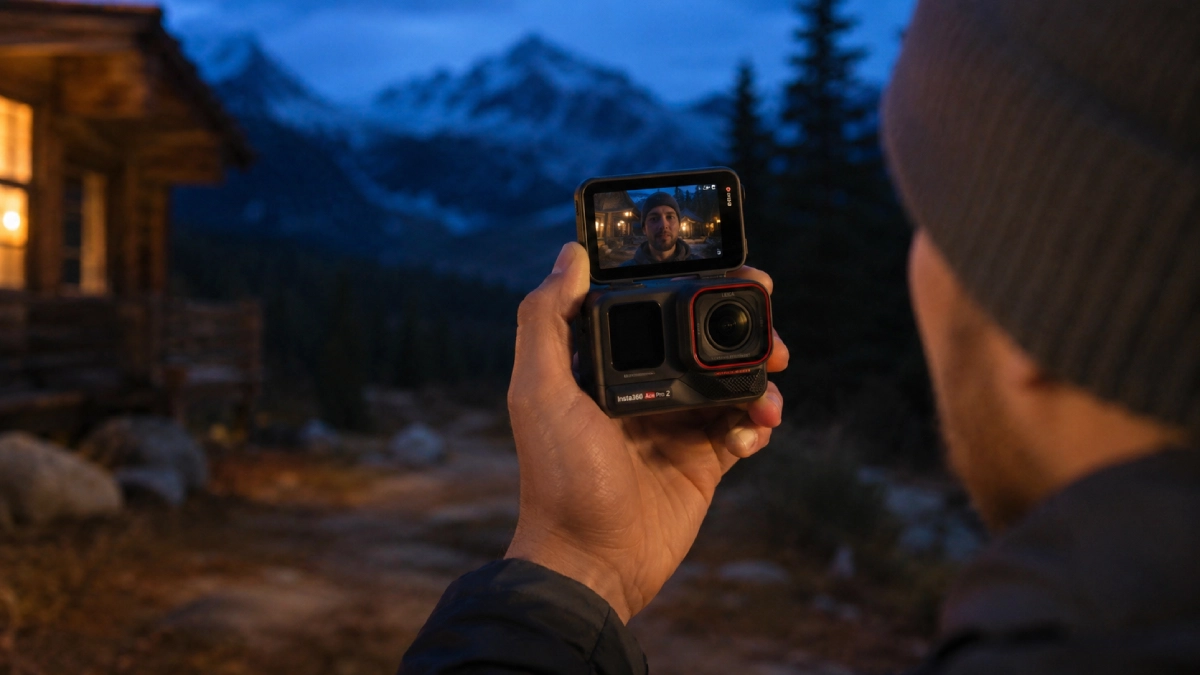 Cameră Insta360 Ace Pro 2 ținută în mână cu ecranul rabatabil deschis, la amurg, în fața unei cabane de munte
