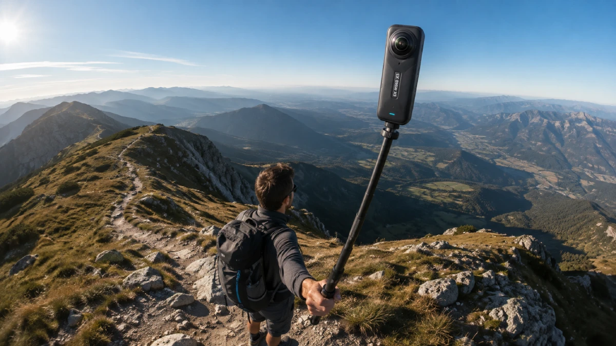 Cameră Insta360 X5 pe băț de selfie extins deasupra unui drumeț, pe o șa de munte cu panoramă largă
