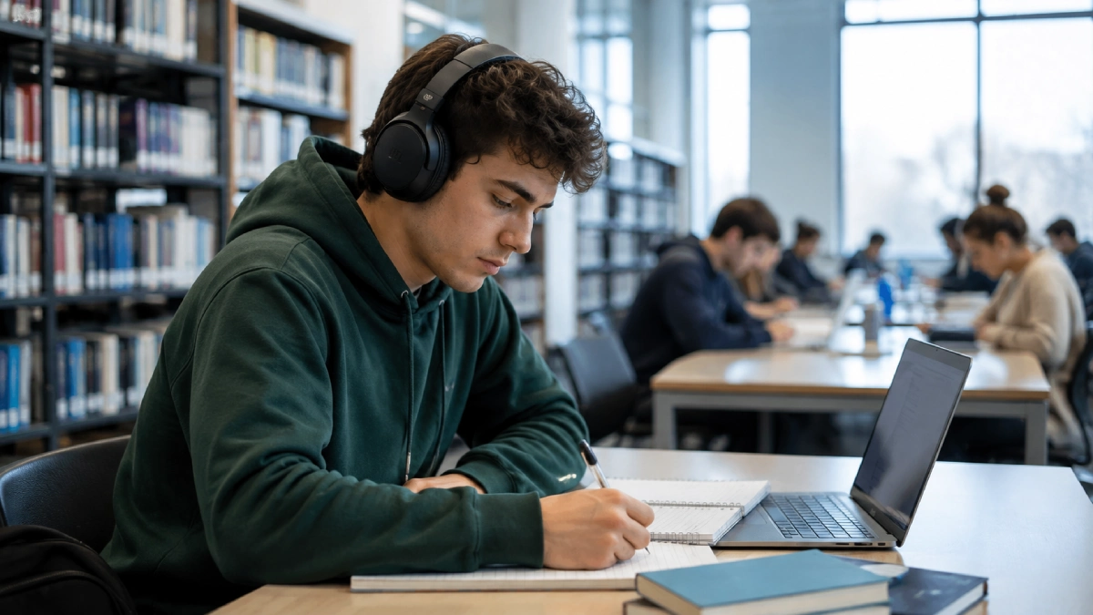 Student care poartă căști wireless over-ear negre și scrie într-un caiet, la o masă dintr-o bibliotecă modernă