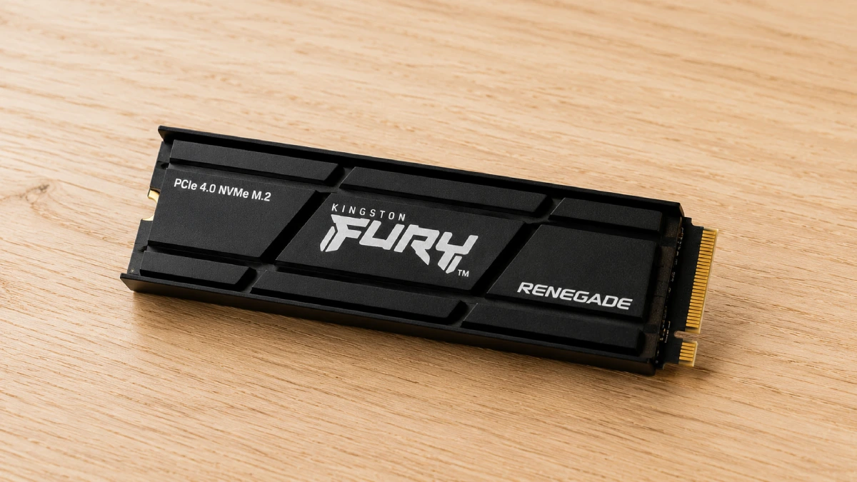 SSD Kingston FURY Renegade 1TB cu radiator așezat pe o masă din lemn deschis