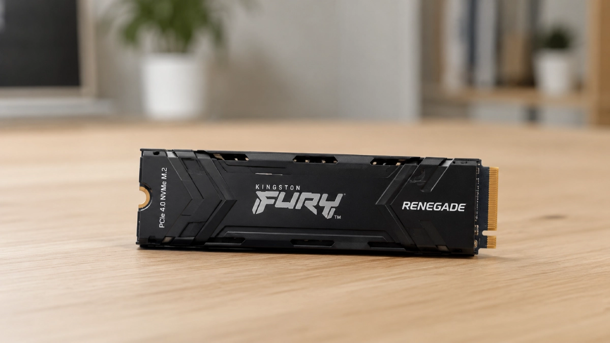 SSD Kingston FURY Renegade 2TB cu heatsink, compatibil PS5, așezat pe masă din lemn