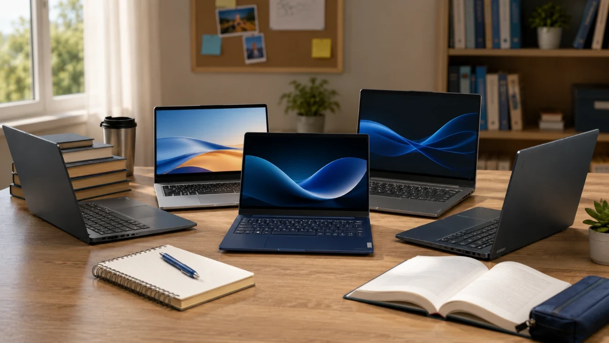 Mai multe laptopuri așezate pe un birou de studiu, alături de cărți și materiale pentru facultate